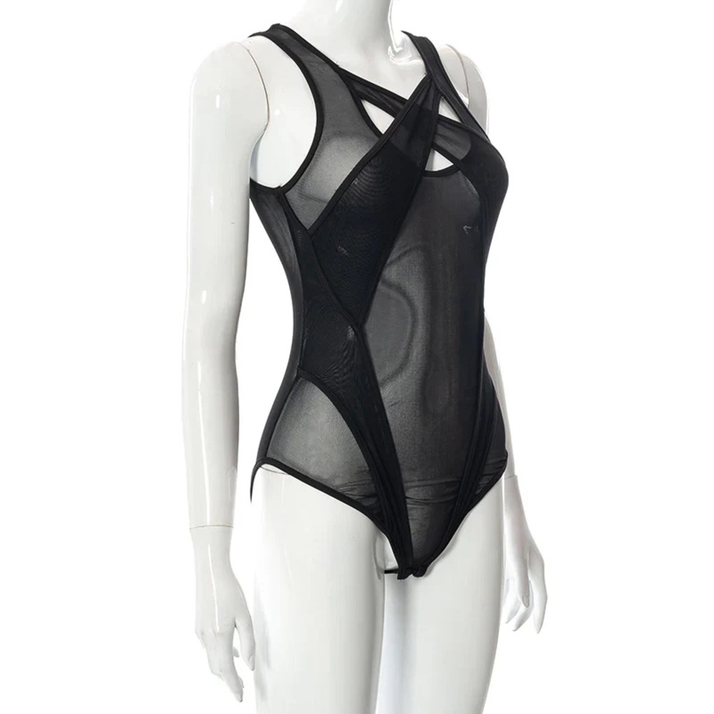 Sheer Mesh Bodysuit | Criss Cross Cutout One Piece - Picture 3 of 8